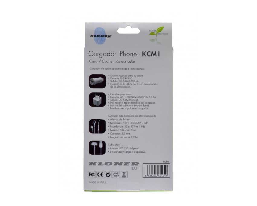 Cargador KLONER para Iphone e Ipad Casa-Coche + Auricular + Alargador KCM1 imagen 3