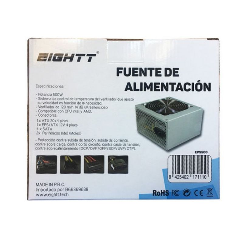 EIGHTT EPS500 500 Wattios Fuente ATX Silenciosa imagen 3