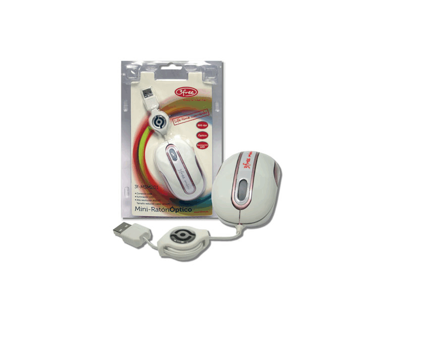 Raton Mini Optico USB 3FREE retractil Blanco-Rosa 3F-MSM201/WP