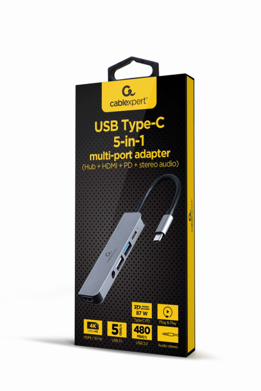 Adaptador Gembird Multipuerto USB Tipo-C 5 en 1 Hub con HDMI, PD y Audio Estéreo