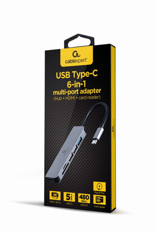 Adaptador Gembird Multipuerto USB Tipo-C 6 en 1 Hub con HDMI y Lector de Tarjetas
