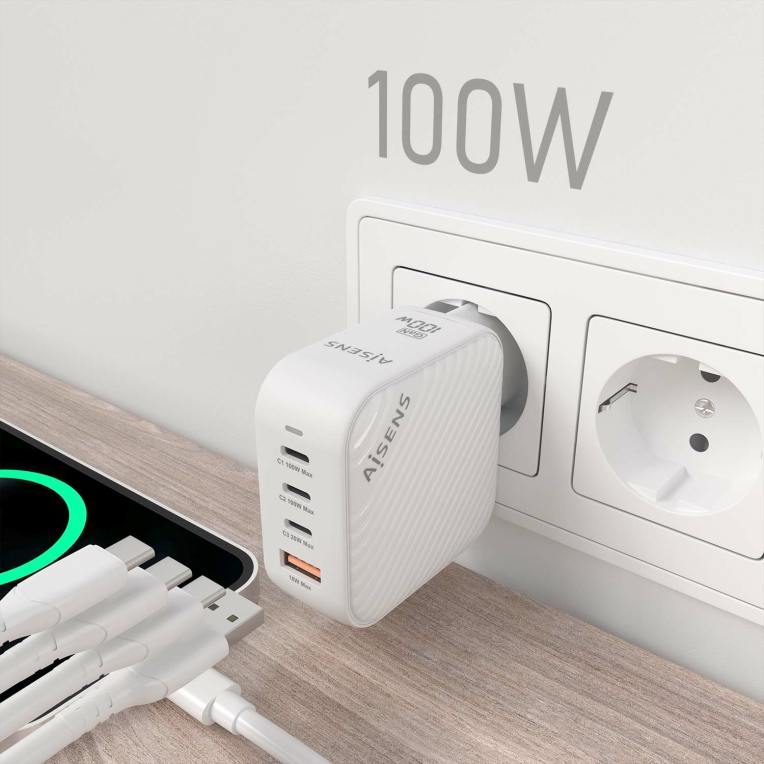 Cargador Aisens Gan100W 3xUSB-C PD3.0 QC4.0 1xUSB-A QC3.0 Blanco miniatura 6