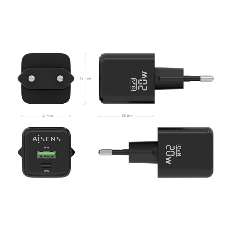 Cargador GAN Aisens 20W 1xUSB-C PD3.0 QC4.0 1xUSB-A QC3.0 Negro miniatura 5