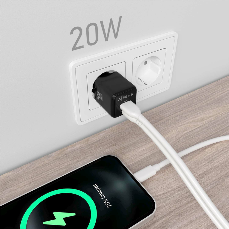 Cargador GAN Aisens 20W 1xUSB-C PD3.0 QC4.0 1xUSB-A QC3.0 Negro miniatura 6