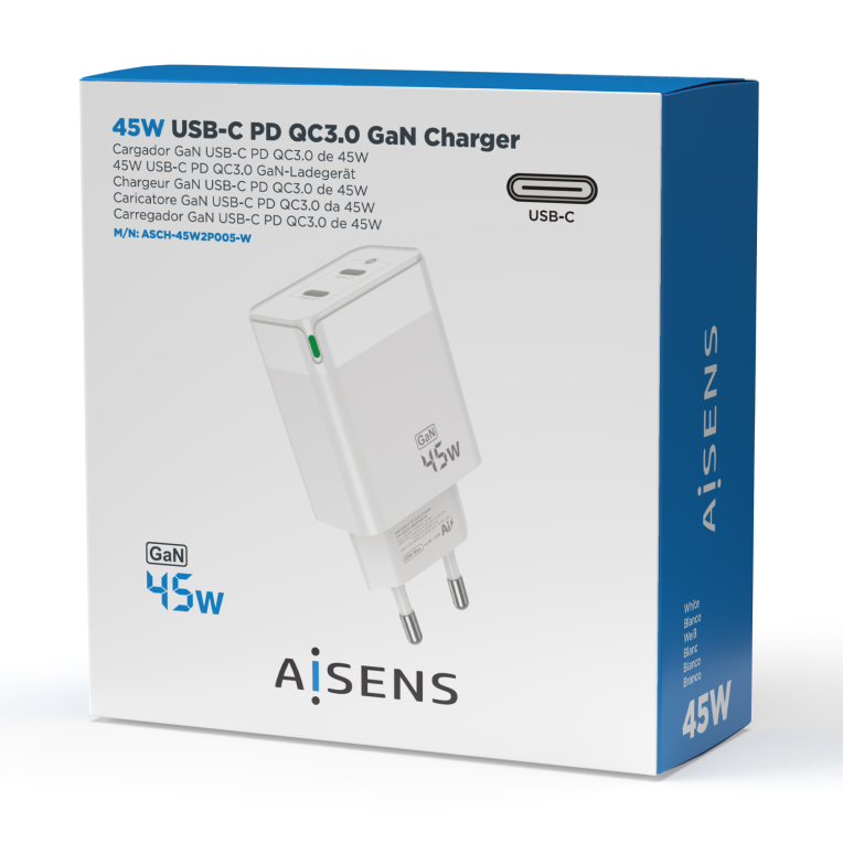 Cargador Gan Aisens ASCH-45W2P005-W 45W 2xUSB-C PD3.0 QC4.0 Blanco miniatura 5