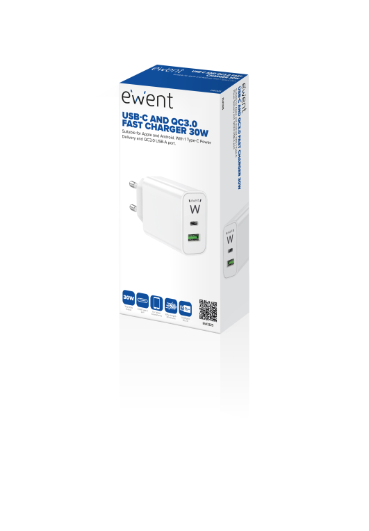 Cargador Móvil Ewent EW1325 Carga Rápida Puertos USB-C y USB-A 30W Blanco miniatura 4