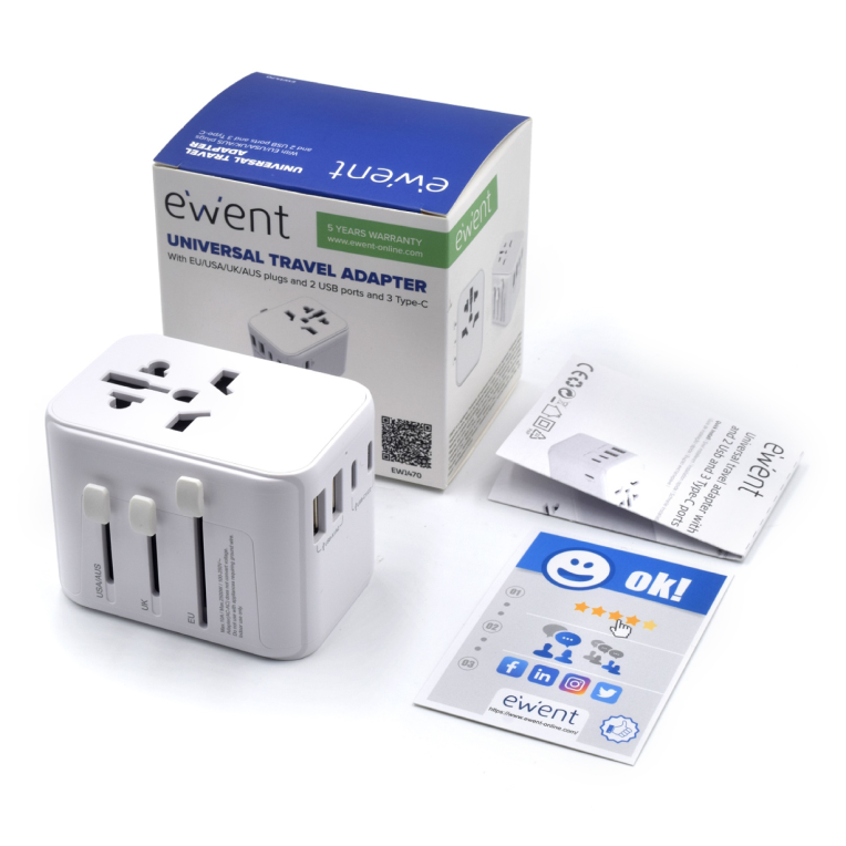 Cargador Móvil Ewent EW1470 Adaptador de Viaje EU/USA/UK/AUS 2-P USB y 3 Type-C miniatura 6