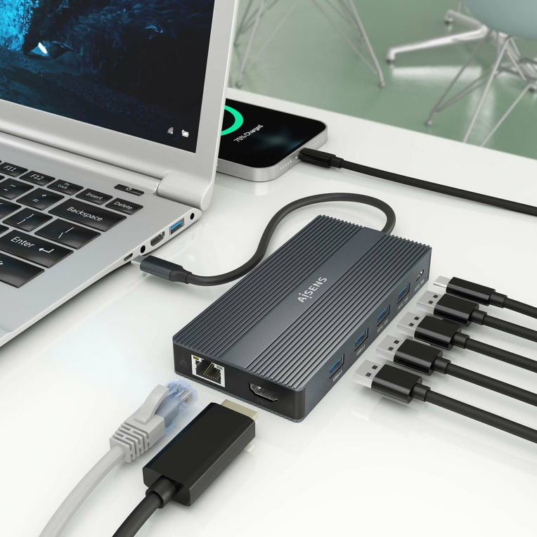 Hub Aisens Dock 12 en 1 USB-C a 2xHDMI DP RJ45 4xUSB-A USB-C PD miniatura 5