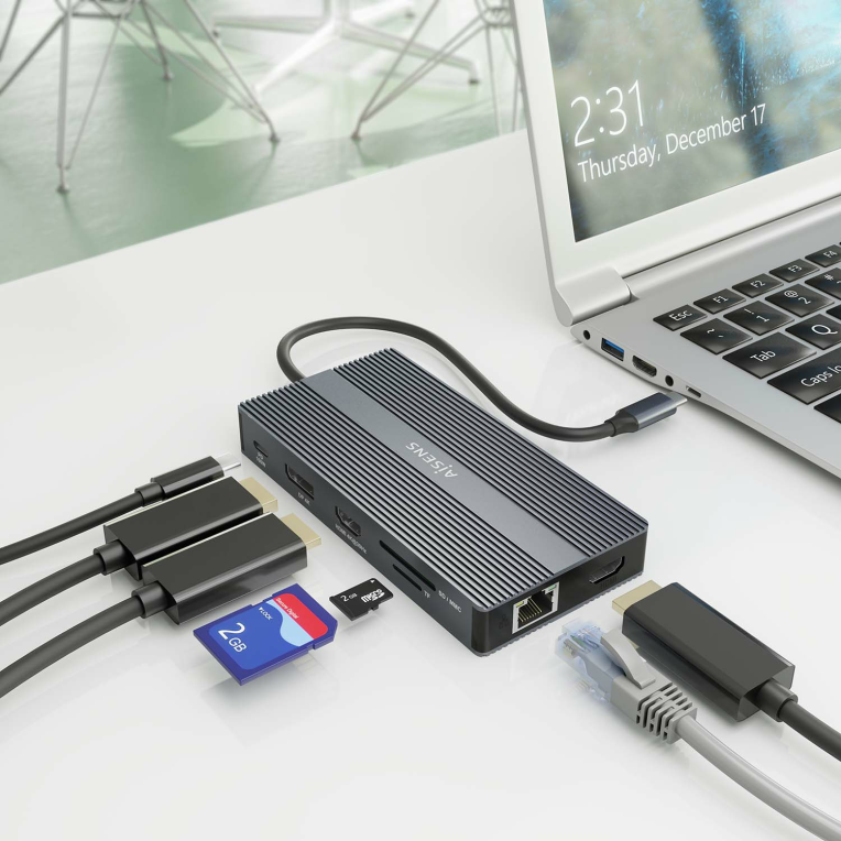 Hub Aisens Dock 12 en 1 USB-C a 2xHDMI DP RJ45 4xUSB-A USB-C PD miniatura 6
