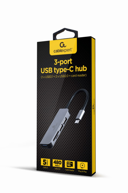 Hub Gembird USB Tipo-C de 3 Puertos USB 3.1 y 2.0 con Lector de Tarjetas