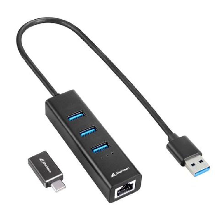 Hub Sharkoon 3x USB 3.2 Gen 1 + RJ45 en Aluminio Negro