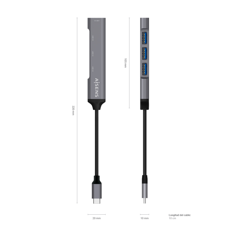 HubAisens USB 3.1 USB-C USB-C/M-4xTipo A/H Gris 10cm miniatura 4