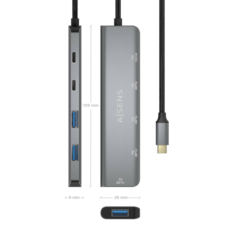 HubAisens USB 3.2 Gen1 USB-C/M-USB-C PD100W/H-USB-C/H-3xUSB-A/H miniatura 5