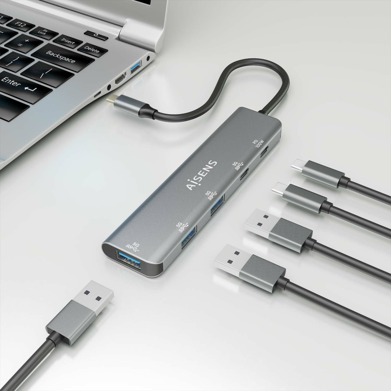 HubAisens USB 3.2 Gen1 USB-C/M-USB-C PD100W/H-USB-C/H-3xUSB-A/H miniatura 6