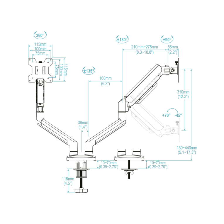 Soporte Tooq Mesa Pant. Gira Incli 2 Brazos 13-34 Blanco DB1434TNR-W miniatura 8